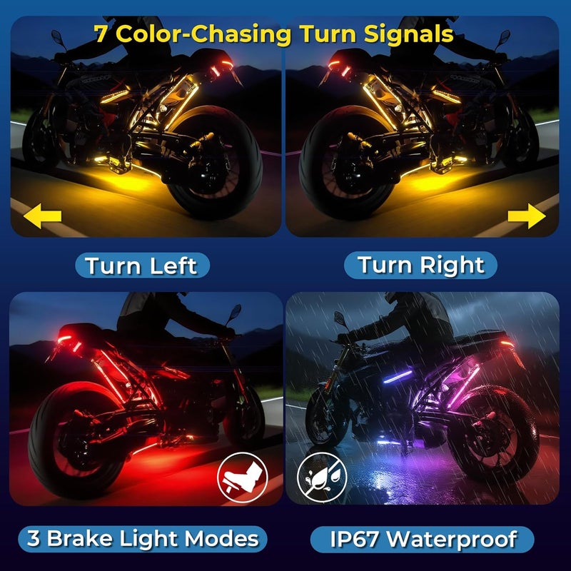 DITRIO 8PCS Double Row Motorcycle Led Lights with Brake Turn Signal,Underglow Light Kits with APP/RF Remote Control, Dual Zone,Waterproof,12V Pixelglow RGB Lights for Motorcycles, Golf Carts, UTVs - Image 4